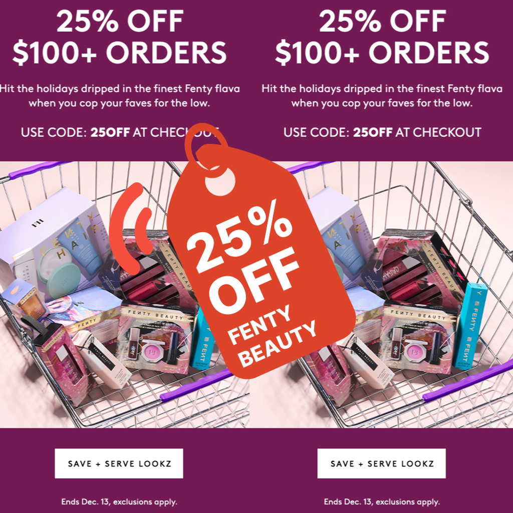 Shop Fenty Beauty and save 25% on orders $100+ with code 25OFF at checkout. Offer valid until December 13, 2024. Some exclusions apply. | Mirmigi