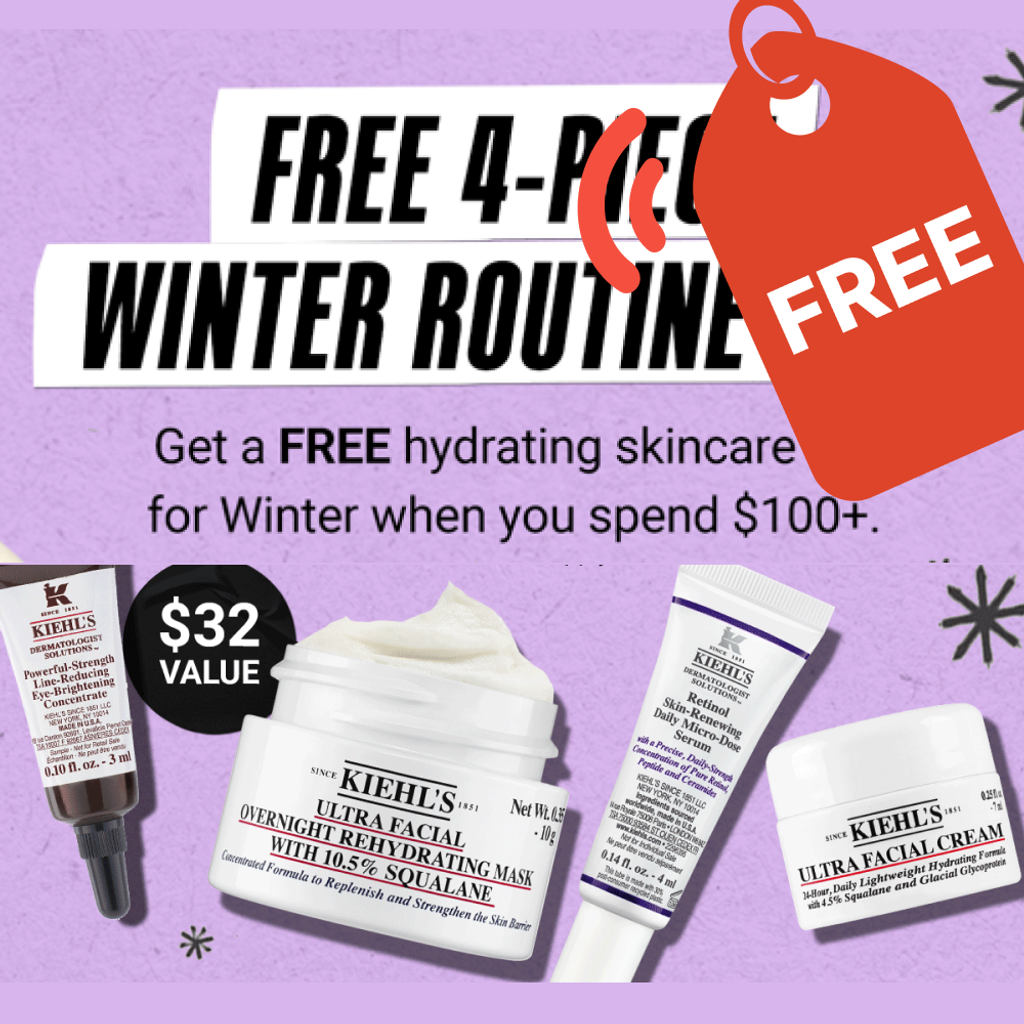 Receive a FREE $32 4-piece Winter Skincare Gift with your $100+ purchase at Kiehl’s! Get deluxe samples of top skincare products, available from January 3-7, 2025. | Mirmigi