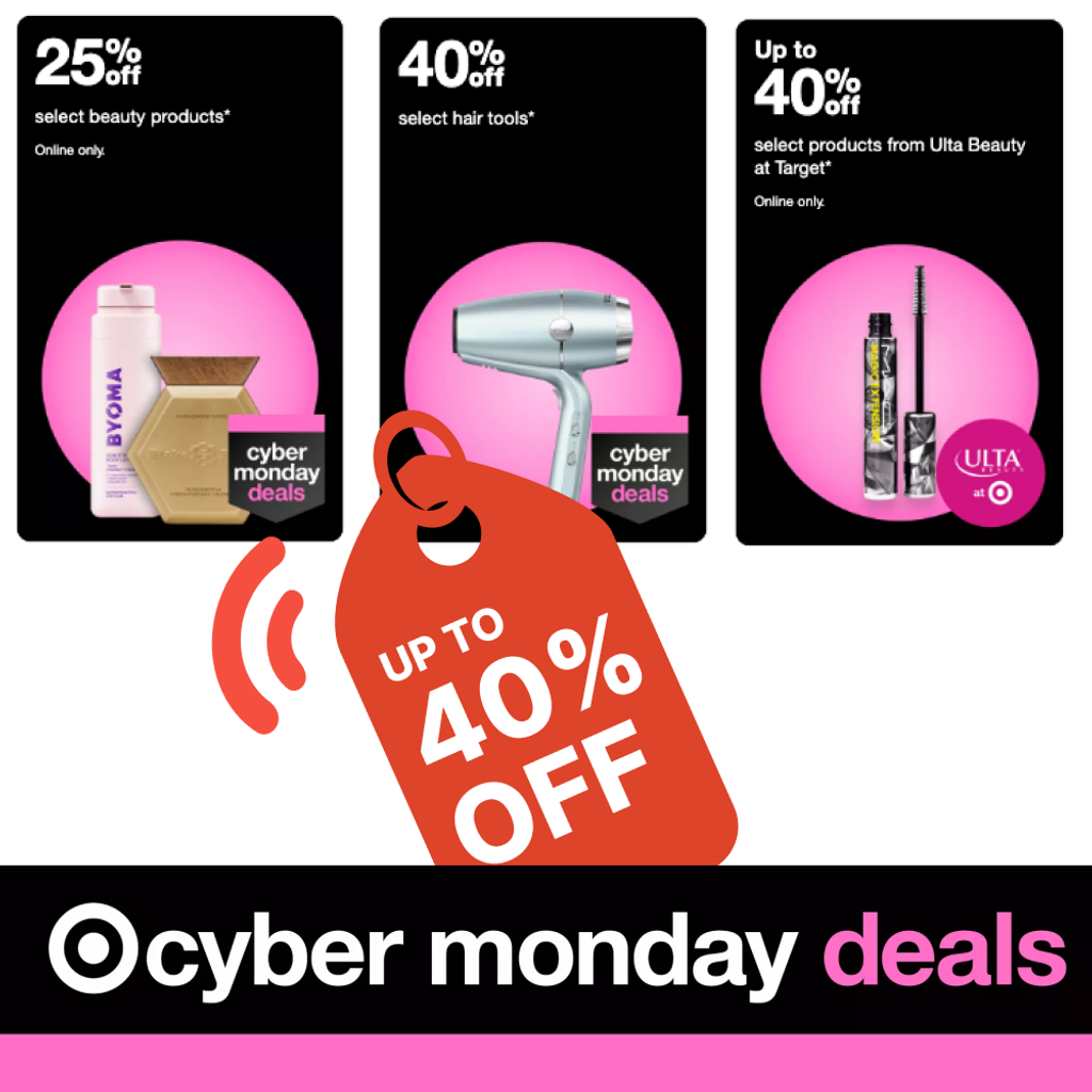 Shop Target’s Cyber Monday beauty deals online: 25% off select beauty products, 40% off select hair tools, and up to 40% off Ulta Beauty picks. Offers end 12/2! | Mirmigi